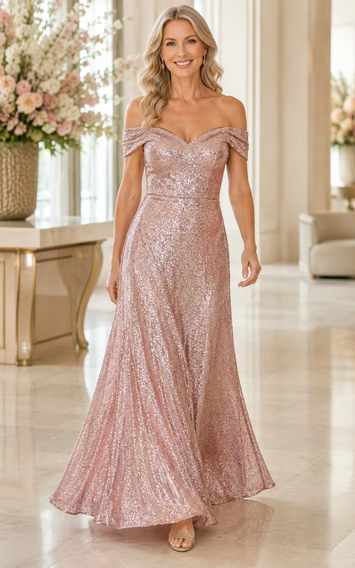 Roségoldenes, paillettenbesetztes schulterfreies A-Linien-Kleid für Mütter