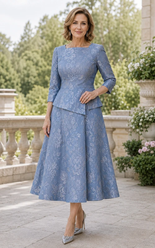 Robe de mère bleu acier, longueur thé, dentelle bateau, coupe trapèze, longueur thé