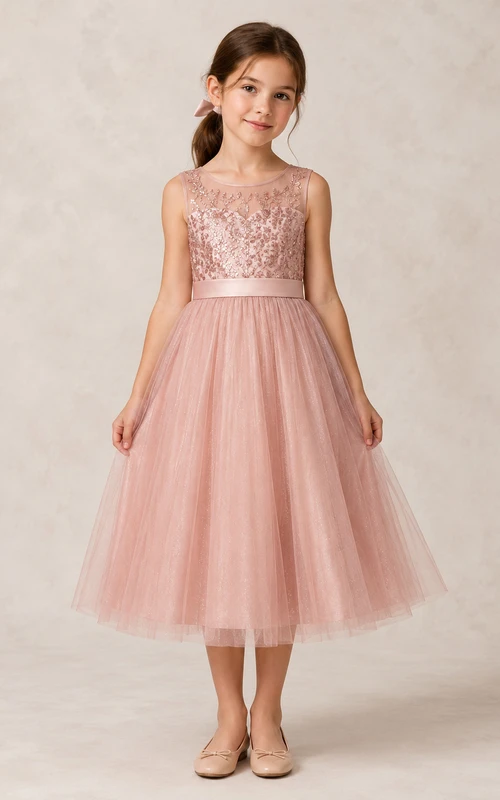Vestido de niña de flores de tul con mangas abullonadas, corte en A, cuello joya, falda a media pierna y detalle de lazo.