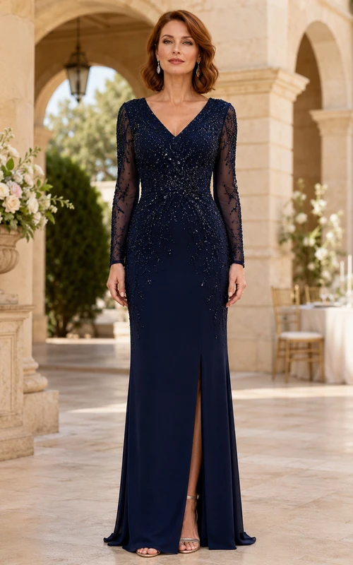 Robe sirène bleu marine foncé à manches en dentelle et fente
