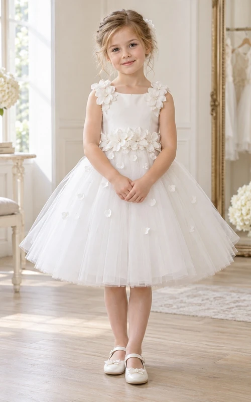 Short Ivory Sleeveless Bateau Shoulder Flower Floral Waist Applique Tulle A-Line Flowergirl Dress