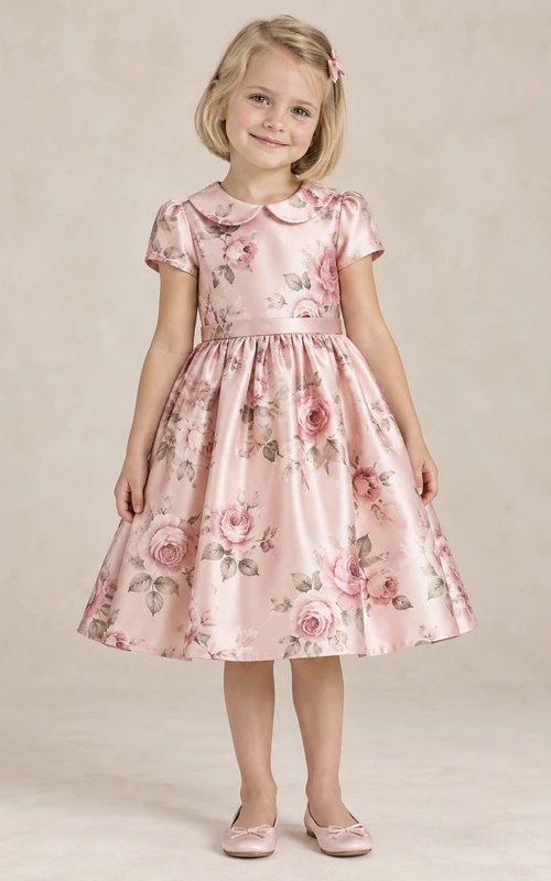 Vintage Tea-length Blush Floral Collared Short Sleeve Satin Flower Girl Dress