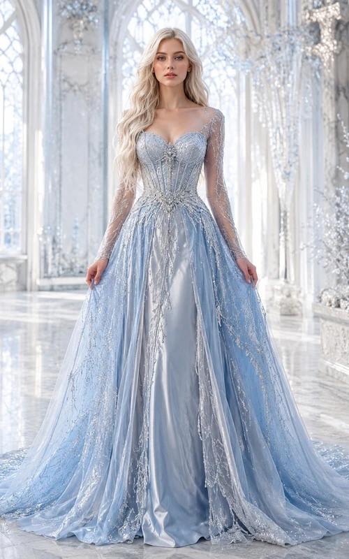 Robe de bal bleu ciel en tulle perlé, décolleté cœur et traîne chapelle, robe de soirée de luxe