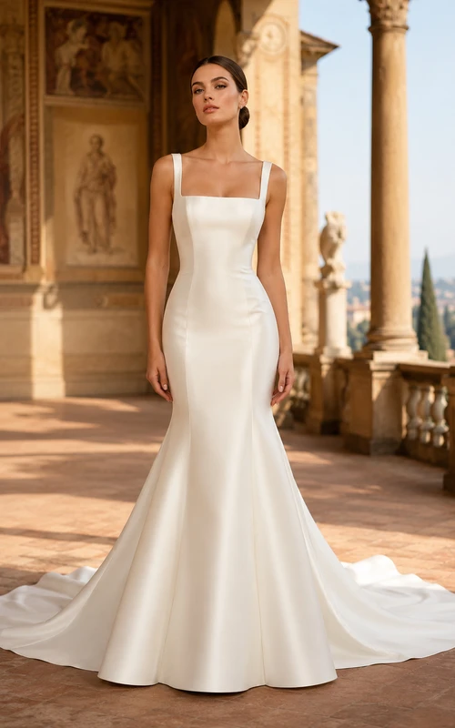 Robe de mariée sirène en satin à bretelles carrées et fermeture éclair au dos, style moderne, pour une destination de mariage