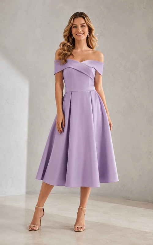 Lilac Off-Shoulder Satin A-Line Tea-Length Pleated Romantic Bridesmaid Guest Dress