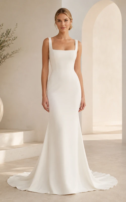 Stretch Satin Wedding Dress Mermaid Square Neck Sleeveless Sweep Train Bridal Gown