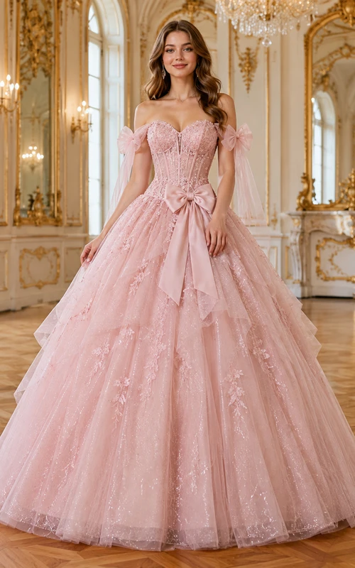Vestido de quinceañera de princesa, estilo parisino, color rosa, con hombros descubiertos, lazo, corsé y tul brillante.