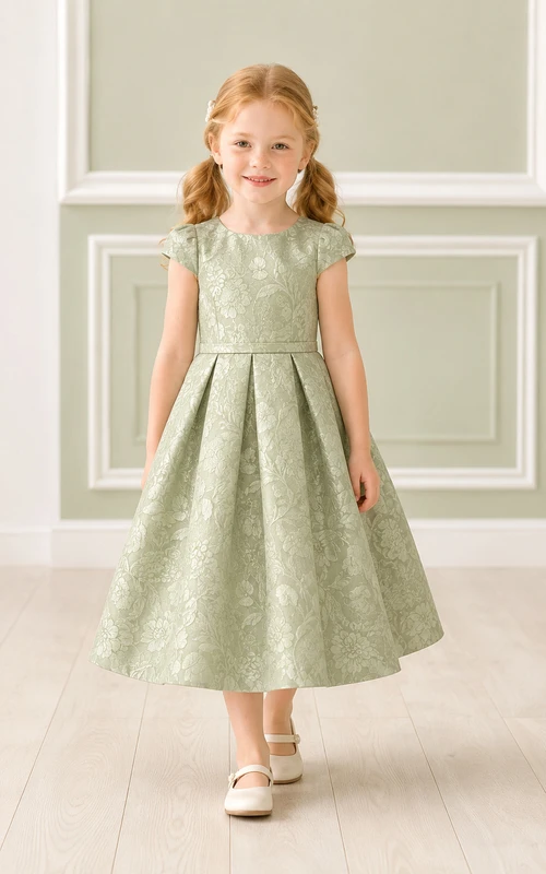 Robe de demoiselle d'honneur plissée, longueur thé, coupe trapèze, col rond, jacquard à fleurs sauge, manches courtes et col rond.