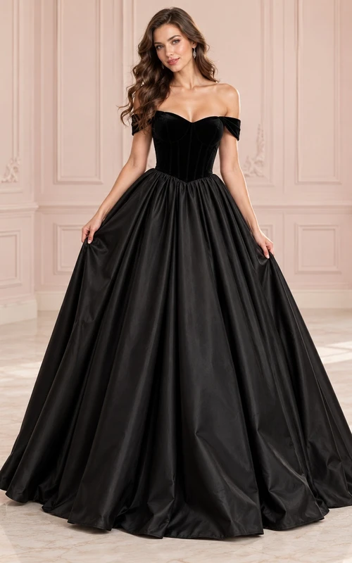 Robe de bal noire en satin de velours satiné à épaules dénudées et décolleté cœur