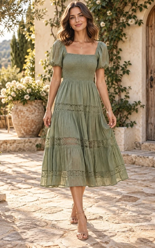 Vestido bohemio de encaje con escote cuadrado, mangas abullonadas y falda escalonada, largo hasta la rodilla, color verde salvia.