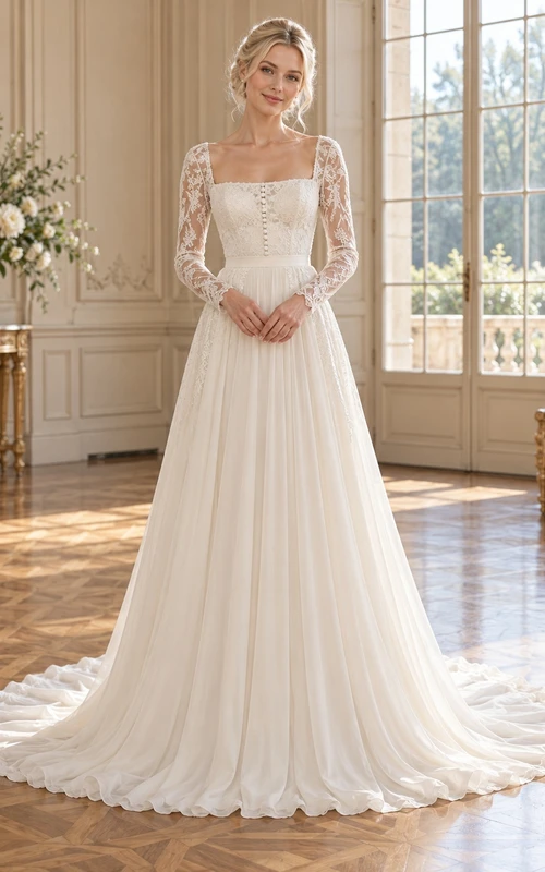 Square Neck Long Sleeve Lace Chiffon A-line Wedding Dress