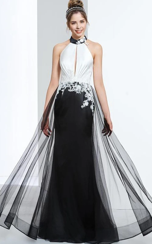 Vestido largo de fiesta ajustado con escote halter, apliques y lentejuelas huecas