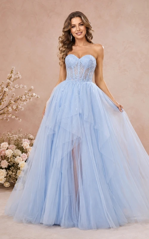 Princess Sky Blue Strapless Sweetheart Beaded Tulle Ball Gown Sweep Train Prom Dress