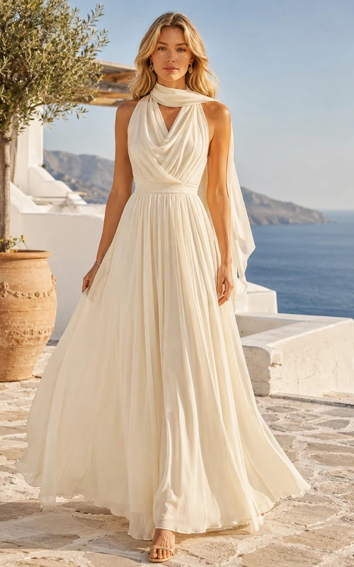 Vestido formal de gasa color marfil con escote halter y corte en A, con pañuelo.