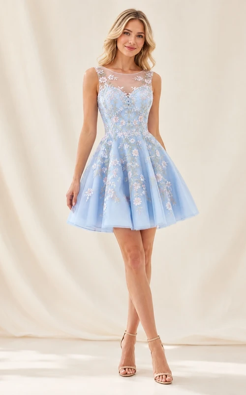 Pastellblaues, besticktes Skater-Abendkleid mit Blumenmuster und Illusionsausschnitt