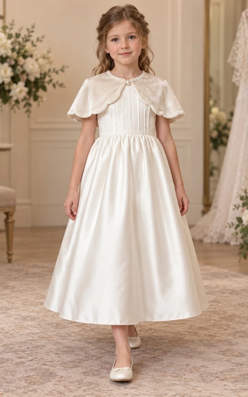 Schlichtes, teelanges, elfenbeinfarbenes Capelet mit Muschelsaum und Abnähern aus Satin für Blumenmädchen