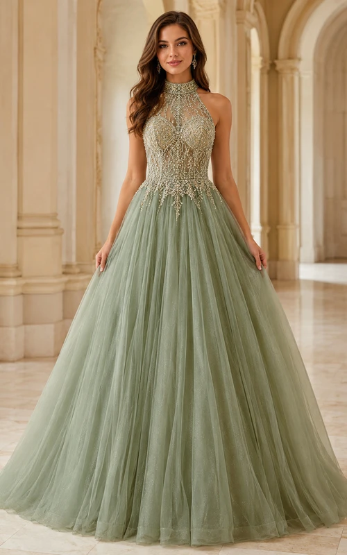 celadon Green Luxury High Neck Gold Beaded Tulle Elegant Sweet Sixteen Princess Ball Gown