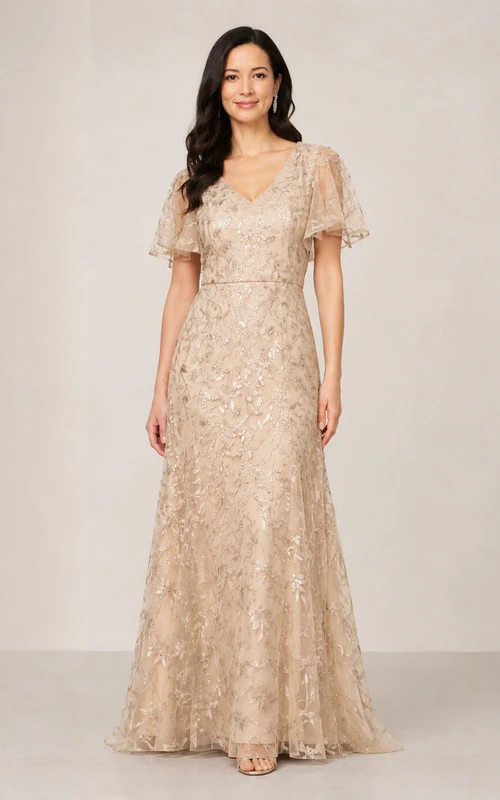 Vestido de encaje de corte A para la madre de la novia con escote en V, manga corta y apliques de encaje, largo hasta el suelo.