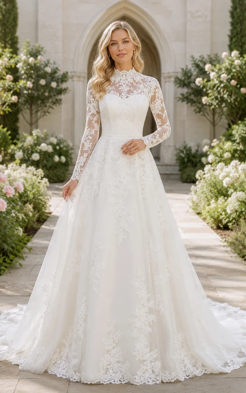High Neck Long Sleeve Lace Chapel Garden Wedding Dress