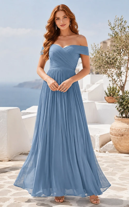 Steel Blue Off Shoulder Pleated Chiffon Guest Dress