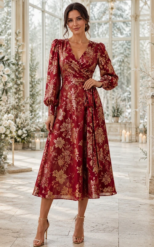 Vestido de invitada largo de jacquard con cuello en V y mangas largas, color rojo dorado.
