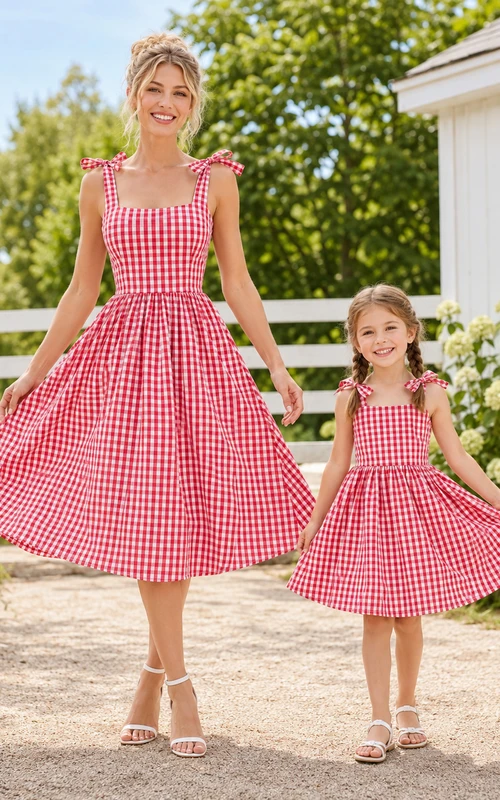 Vestido de tafetán de corte A, largo midi, estilo vintage campestre, con escote cuadrado y tirantes de lazo, color rojo vichy.