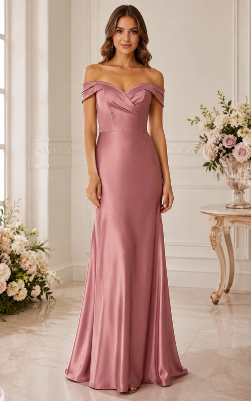 Dusty Rose Off-the-Shoulder Satin Mermaid Bridesmaid Dress