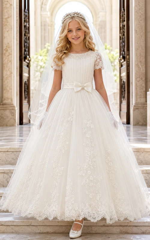 Robe de bal de première communion en tulle à col rond plissé et manches courtes en dentelle et dentelle plissée
