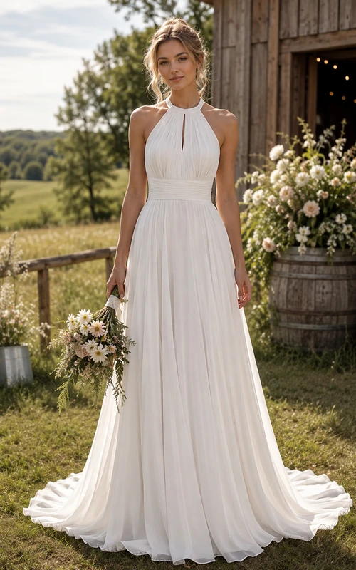 Robe de mariée champêtre en mousseline de soie, coupe trapèze, dos nu et traîne.