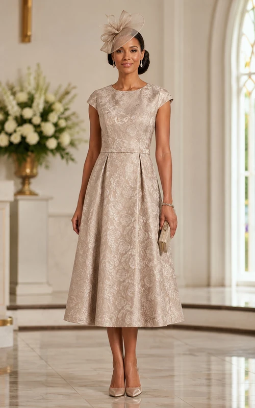 Champagne Jacquard Cap Sleeve Tea Mother Dress