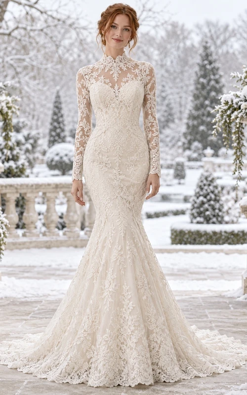 Vestido de novia de sirena con cuello alto, manga larga y cola de encaje de hojas