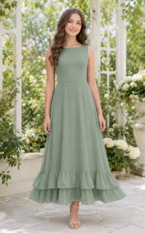 Celadonfarbenes Brautjungfernkleid für junge Damen, A-Linie, juwelenfarben, ärmellos, wadenlang, Chiffon, Rüschensaum, romantisch