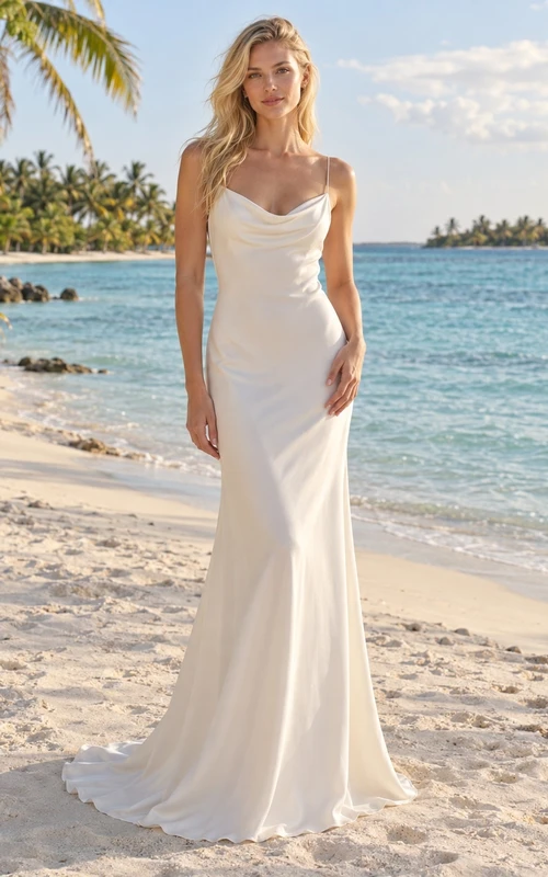 Schlichtes Meerjungfrauen-Brautkleid aus Crêpe mit Wasserfallausschnitt, dünnen Trägern und drapiertem Rücken