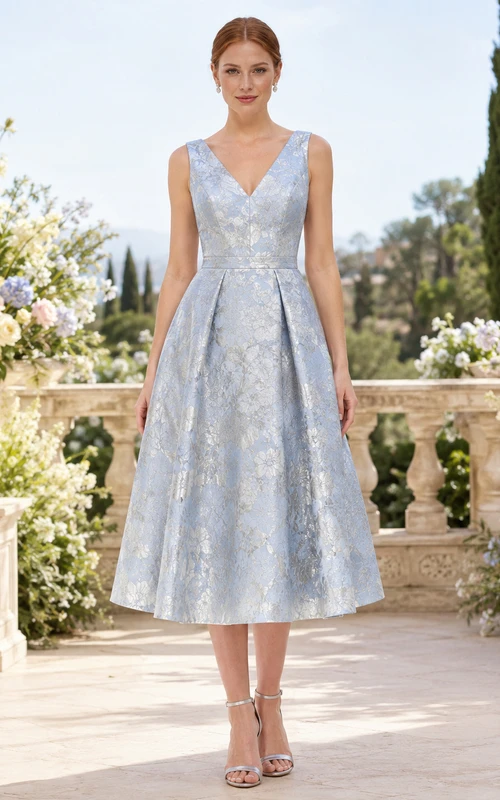 Robe de cérémonie bleu acier à motif floral jacquard, col en V, sans manches, coupe trapèze