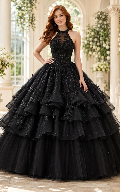 Black Quinceanera Tiered Ball Gown Halter Lace Sleeveless Floor-length Romantic Dress