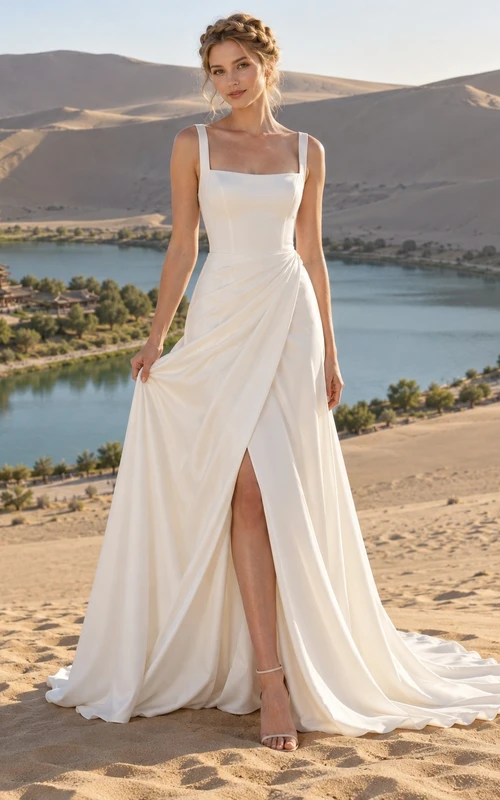 Vestido de novia sencillo de corte A con escote cuadrado, sin mangas y drapeado.