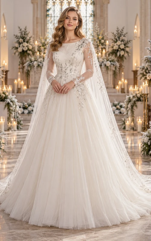 Long Sleeve Bateau Pleated Tulle Lace Wedding Cape Dress