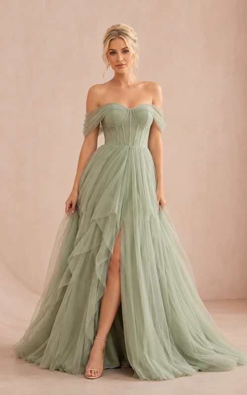 Sage Green Off-the-Shoulder Tulle Mermaid Sweep Train Gown
