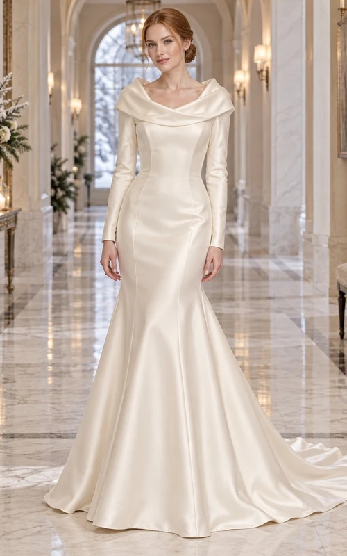 Vestido de novia de satén con cuello drapeado y mangas largas estilo sirena