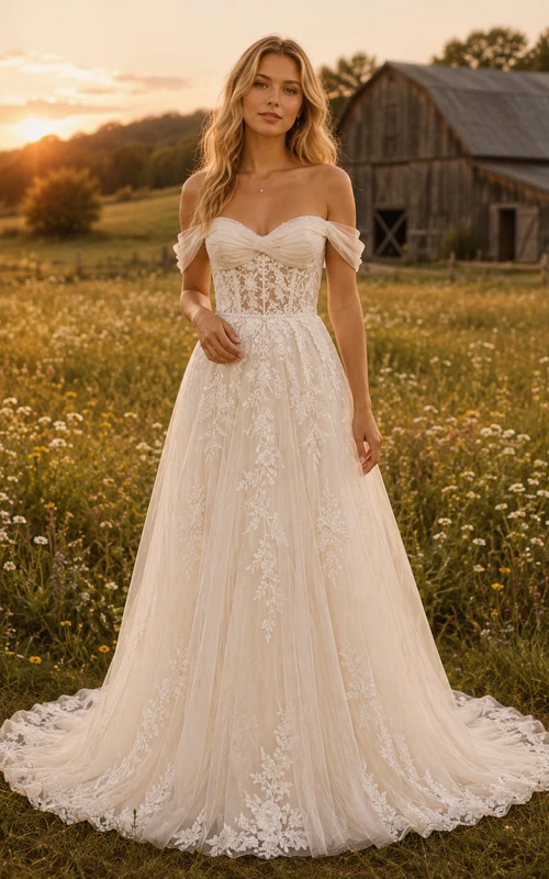 Vestido de novia de tul y encaje campestre, corte en A, escote en V, sin mangas, cola de capilla, espalda baja en V.