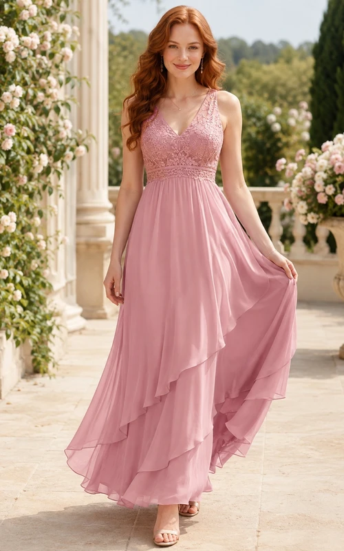 Dusty Rose Empire V-Neck Lace Tiered Chiffon Floor-Length Guest Dress