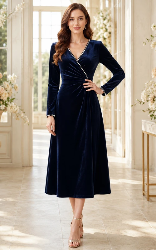 Vestido de terciopelo azul marino oscuro de manga larga con ribete de perlas para invitada a tomar el té.