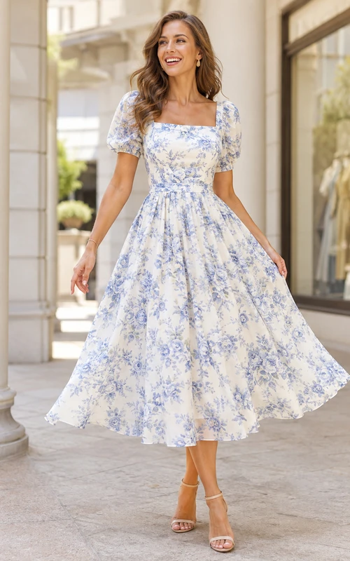 Vestido de cóctel vintage para invitadas, de tafetán, corte en A, largo midi, con cuello cuadrado, mangas abullonadas y estampado floral azul y blanco.