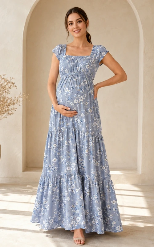 Maternity Steel Blue Floral Square Neck Cap Sleeve Empire Tiered Ankle-Length Dress