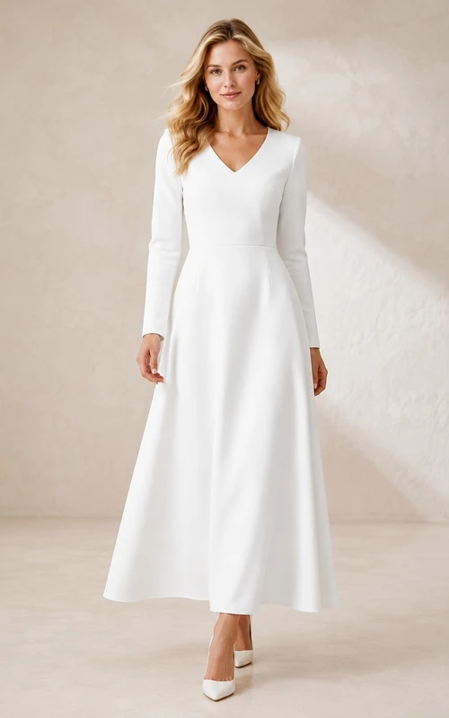 Vestido formal de satén de manga larga, escote en V sencillo, corte en A y largo hasta los tobillos.