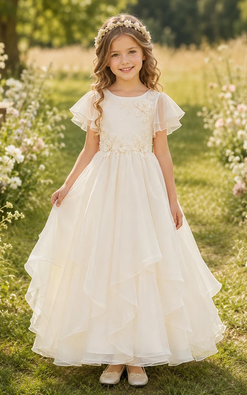 Blumenmädchenkleid aus elfenbeinfarbener Spitze und Tüll, A-Linie, kurze Ärmel, Rundhalsausschnitt, Teelänge