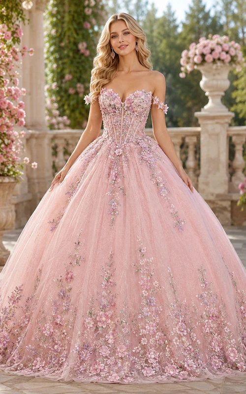 Vestido de fiesta formal de princesa para quinceañera, de lujo, color rosa, con hombros descubiertos, bordado floral y malla, estilo princesa.