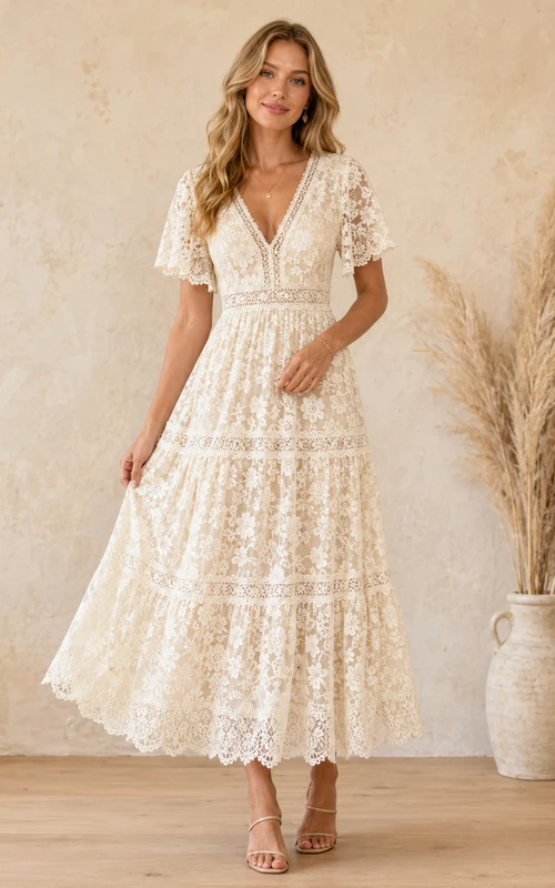 Bohemian Ivory Tea-Length V-Neck Tiered Crochet Lace Guest Dress Rustic