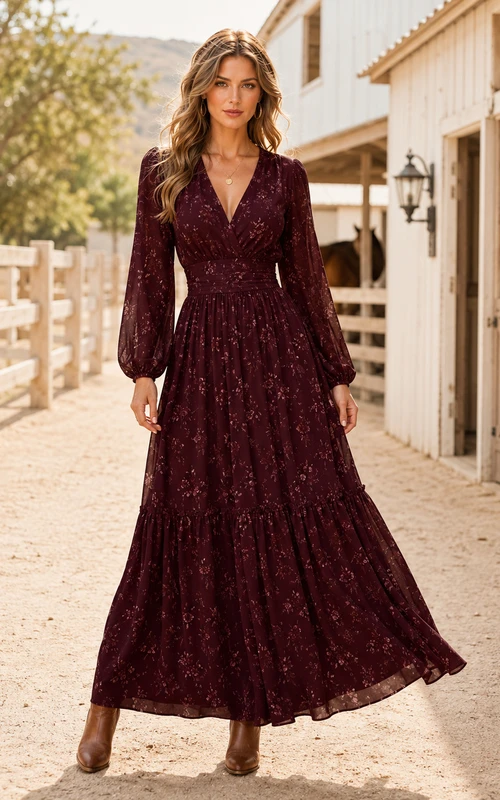 Bordeauxrotes Folklore-Kleid in A-Linie, knöchellang, V-Ausschnitt, lange Ärmel, Spitze, Bohemian-Stil