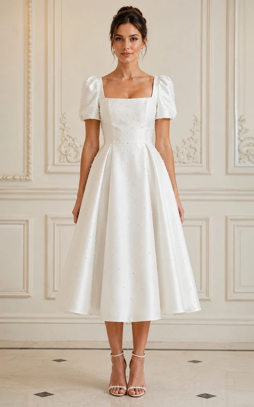 Robe de mariée blanche à col carré, longueur thé, ornée de perles et de manches bouffantes